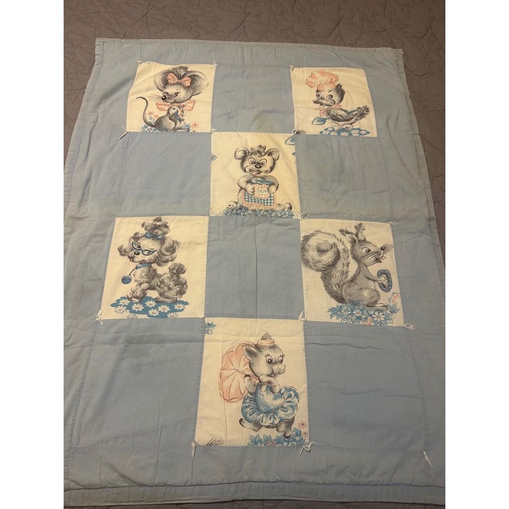 Vintage 1960s Handmade Baby Quilt Animal Novelty Print Blue Pink 38.5x29.5